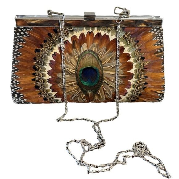 VINTAGE (60s) EXOTIC PEACOCK  FEATHER CLUTCH - GORGEOUS! - Picture 2 of 13